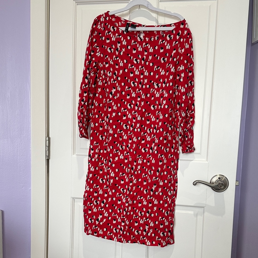 Mango Red and White Patterned Long Sleeve Dress
